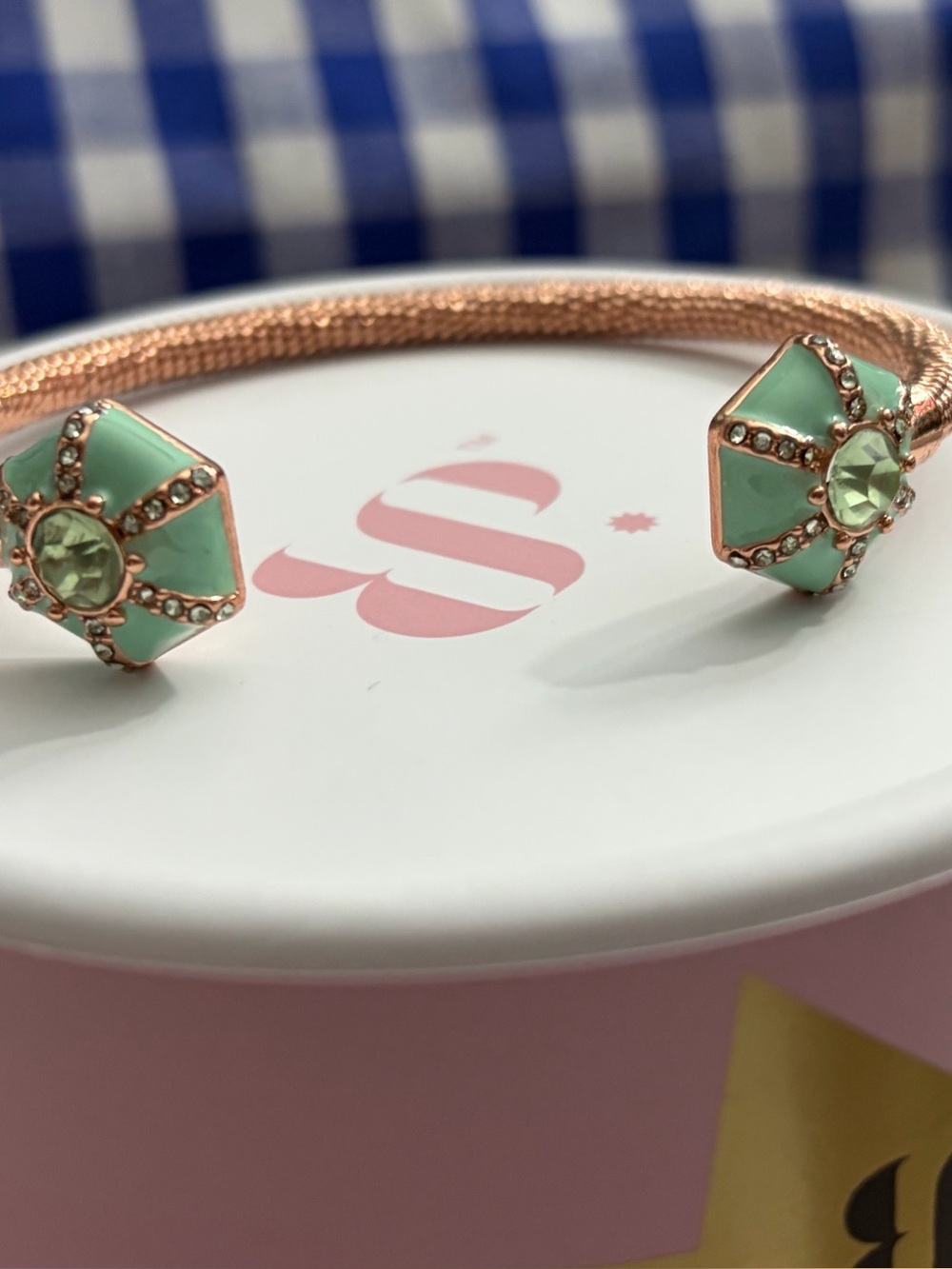 Bomb Party Rose Gold Plating Mint Green Open Cuff Bracelet with Crystal Accents
